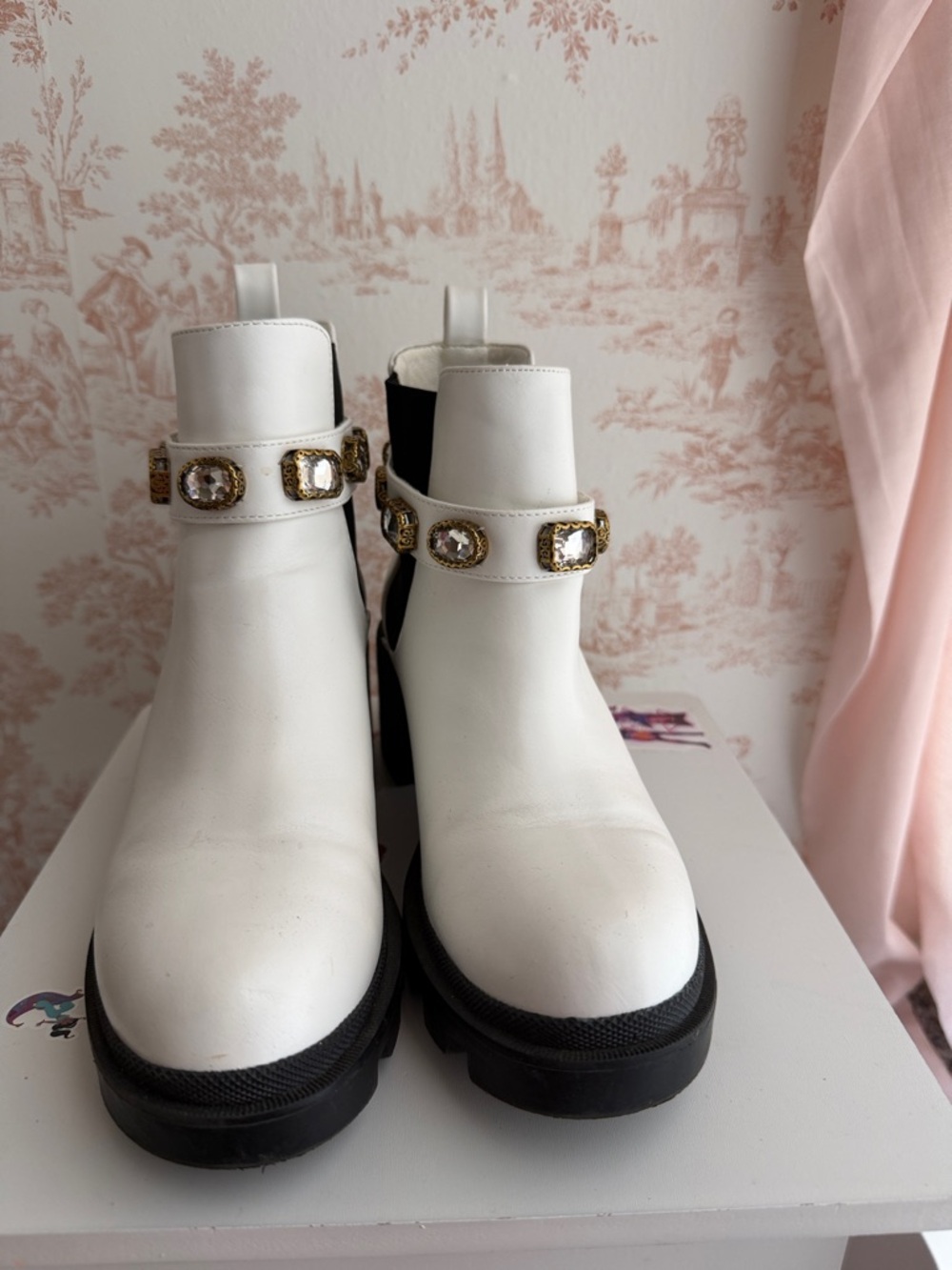 White Ankle Boots with Decorative Gold Embellishments. Size 6 women’s